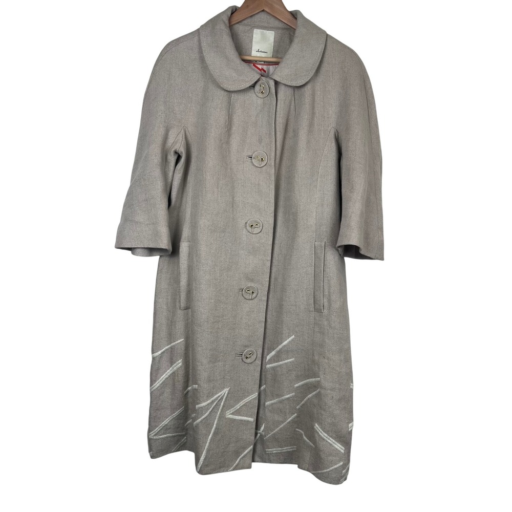 elevenses Anthropologie 100% Linen Coat Beige Embroidered Lined Women Size 10